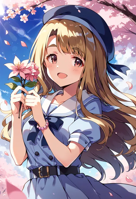 score_9, score_8_up, score_7_up, source_anime BREAK
miyao miya, always friend, 1girl, solo, open mouth, smile, looking at viewer, cherry blossoms, brown hair, :d, blush, blue headwear, puffy short sleeves, bracelet, jewelry, belt, blue dress, petals, beret, eyebrows visible through hair, blurry background, outdoors, day, branch, upper body, arm up, brown eyes, red eyes, depth of field, neck ribbon, pink flower, blue sky, white flower, artist name, hand up, buttons, pink eyes, blue ribbon, collared dress, blue neckwear, blunt bangs, tree, wavy hair, medium breasts, spring \(season\), bead bracelet, parted bangs, thick eyebrows, standing, sunlight, sailor dress, hair intakes, blue bow, belt buckle, beads, falling petals, blue belt, very long hair, black ribbon, cloud, black belt, blonde hair, sidelocks, wind, holding flower, asymmetrical bangs, purple dress, blurry foreground, floating hair, holding branch, black neckwear, blue shirt, cowboy shot, white sailor collar, skirt, lens flare, purple ribbon, frills, purple eyes, hand on headwear, swept bangs, pearl bracelet
<lora:miyao_miya_sdxl_locon_pony_v1:0.7>