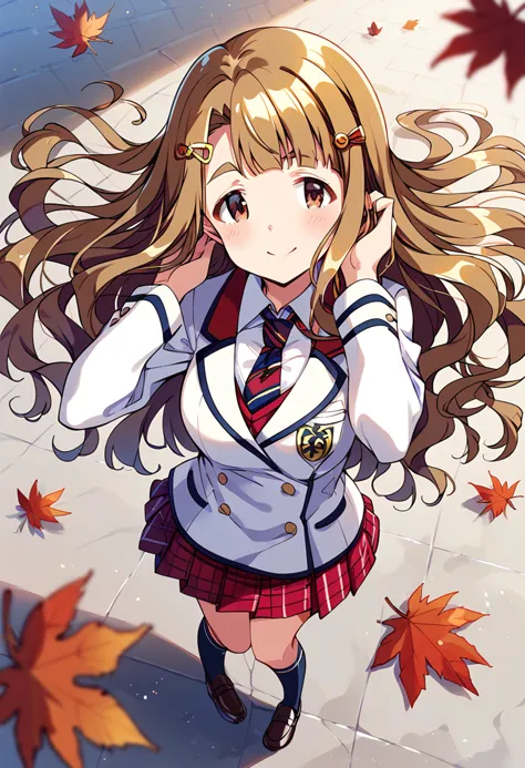 anime girl with long hair and school uniform walking on pavement