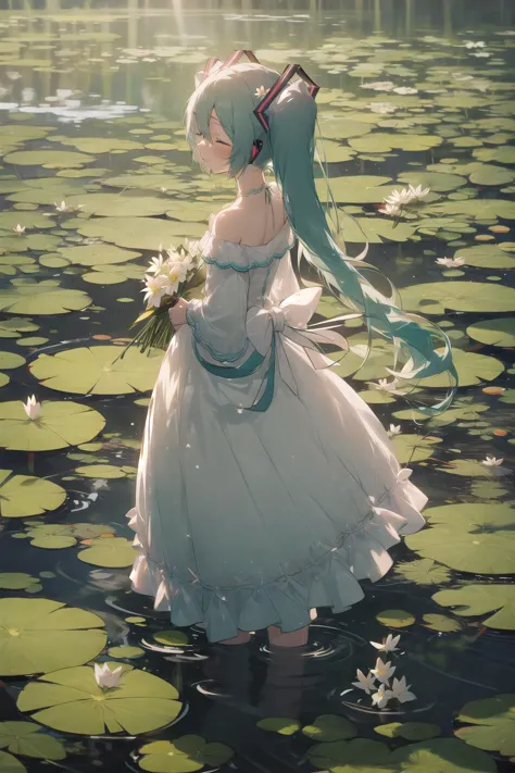 anime girl in white dress standing in water with lily pads