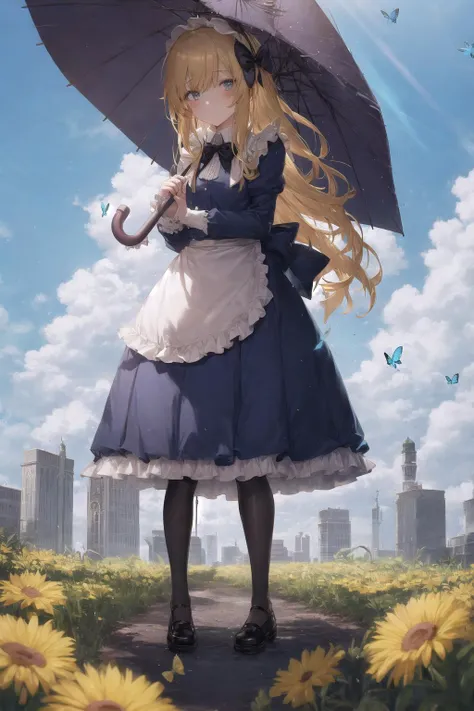 anime girl with umbrella in a field of sunflowers