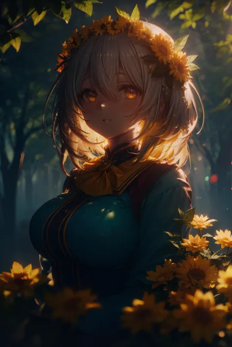 kahuka1, mature woman, pretty face, flower, medium messy hair, yellow flower, looking at viewer, hair flower, hair ornament, branch, blurry, upper body, hair between eyes, leaf, white messy hair, yellow eyes, bangs, head wreath, huge breasts, outside, park, trees,  cinematic lighting, (chiaroscuro:1.2), hires, volumetric lighting, highly detailed background, masterpiece, <lora:add_detail:0.5> <lora:hairdetailer:0.6>  <lora:[LoConLoRA] pseudo-daylightå½æ¥å Concept:1>