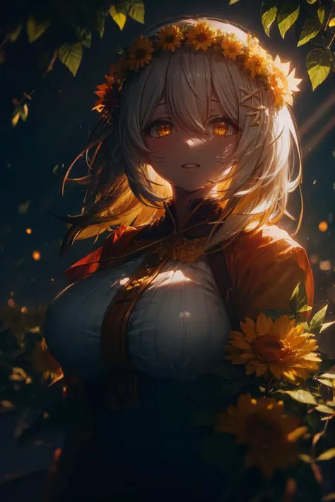 a woman with long hair and a flower crown standing in the sun