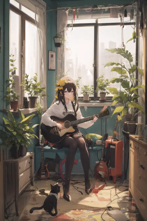 anime girl playing guitar in a room with a cat