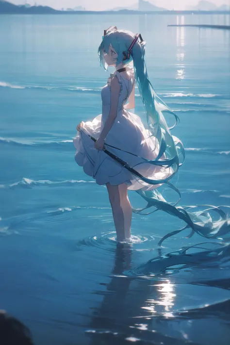 anime girl in a white dress standing in the water with a sword