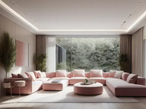 ((best quality)),((masterpiece)),((realistic)), living room, Contemporary style, Diffused light, stylized, small plants, (Bright colors:1.2), pink white theme  <lora:more_details:0.7>