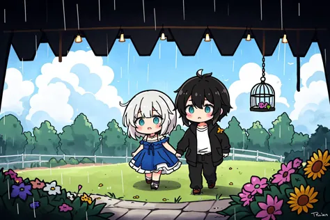 anime characters standing in the rain with a bird cage in the background