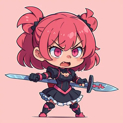 a cartoon girl with pink hair holding a sword and wearing a black outfit