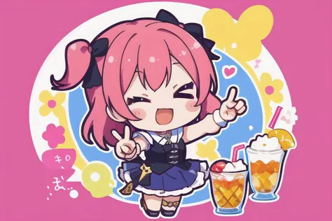 anime girl with pink hair and a blue dress holding a drink