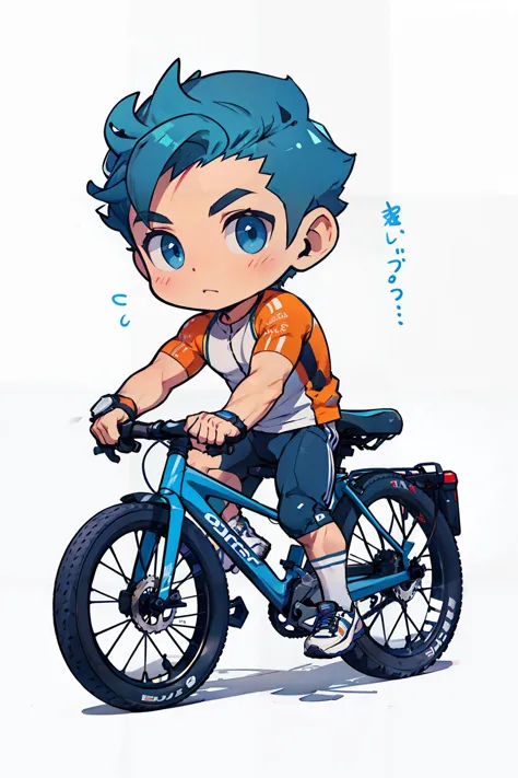 a cartoon boy riding a bike with a blue hair