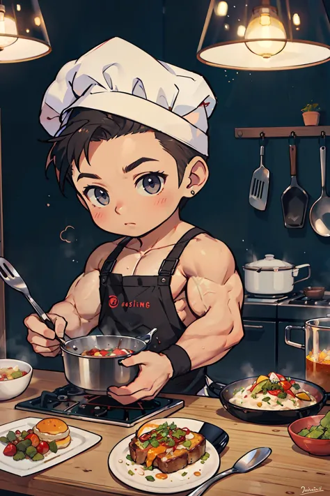 (masterpiece,best quality), 1boy,muscular , chibi, cooking,  <lora:Qtea_add_sugar-fp16:0.9>