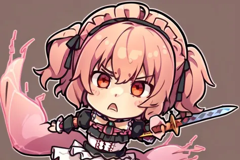 ((best quality, masterpiece)),   die-cut sticker, [(simple background:1.3),::5], (solid outline:1.4),
1girl, power pose, angry, open mouth, black and pink gothic ((kawaii)) armor, frills, pink messy hair, sword,
<lora:easy_sticker:0.2> , <lyco:Qtea_add_sugar:0.3>