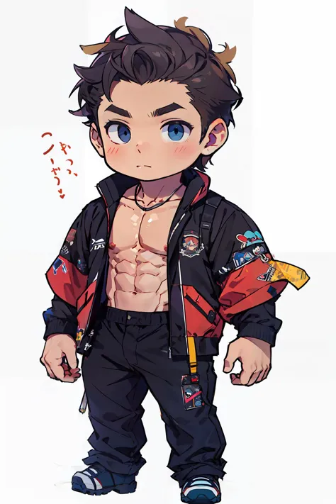 a cartoon drawing of a boy with a shirtless torso and a jacket