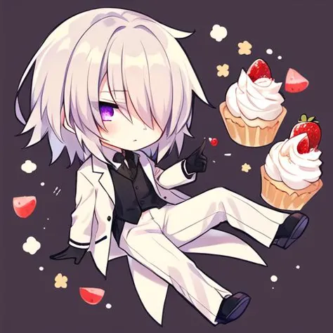 anime boy with white hair and black pants sitting on a table with cupcakes