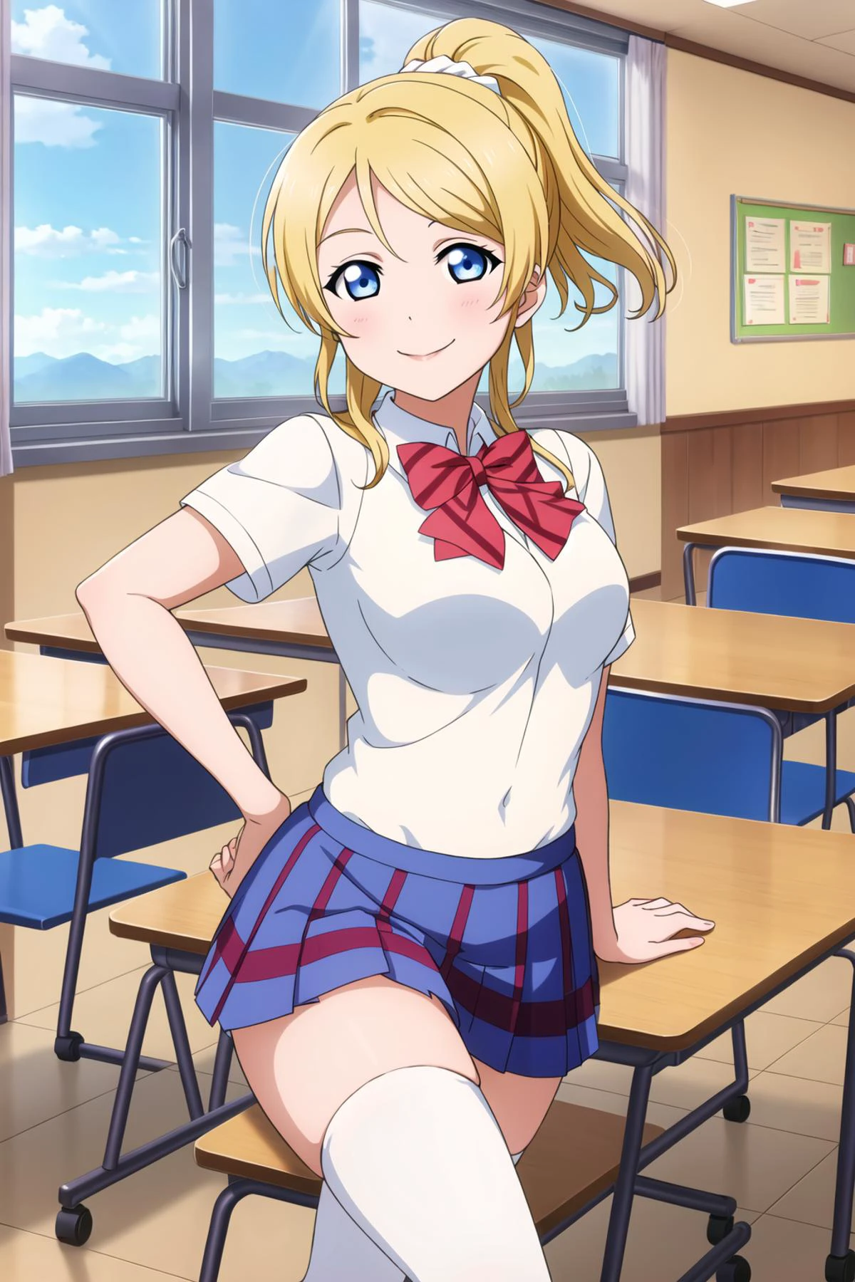 Anime girl in school uniform posing in front of desks - SeaArt AI