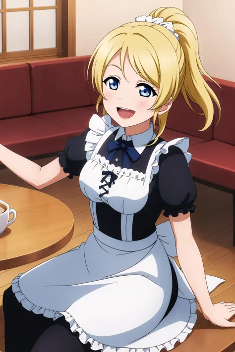 anime character in maid outfit sitting at a table with a cup of coffee