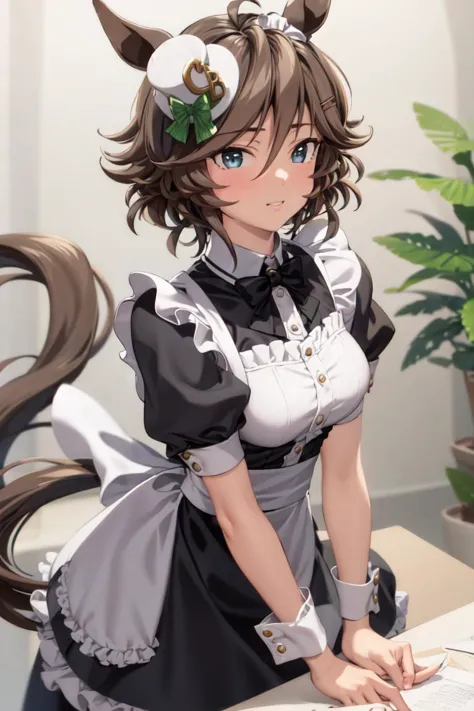 a woman in a maid outfit is sitting at a table