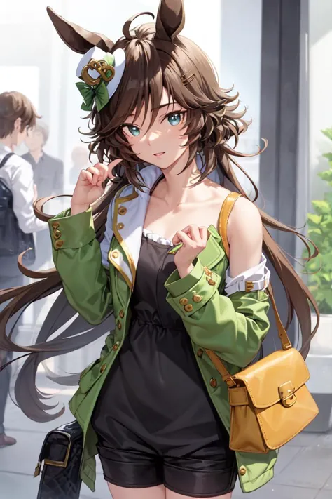 anime girl with long brown hair and green jacket and black shorts