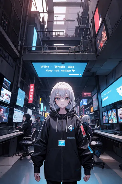 anime girl in a black jacket standing in a room with multiple monitors