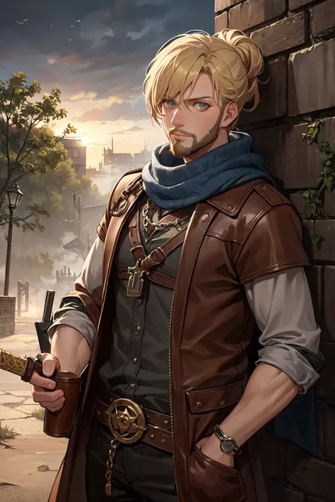 best quality, amazing intricate, 
(1man, muscular adult  male:1.2),  silver eyes, auburn hair, fade with beard,, 
orange, 
grey-blue, 
portrait, looking at viewer, solo, half shot, detailed background, detailed face, (<lora:CeltPunkAI:0.5>, CeltPunkAI, tribal barbarian celtic theme:1.1), face covered by scarf, renegade,  thieves guild, hand in pocket,  rugged dark leather clothes, belts, lockpick,   knives, high fantasy medieval setting, dark port pier background, stealth, undercover, illegal, suspicious, secret,  stolen goods,  (barrels in background:0.8), secret passage, low light, shadows, fog, dark atmosphere,, 
natural blonde, 
updo hairstyle, 
european, 
madmax