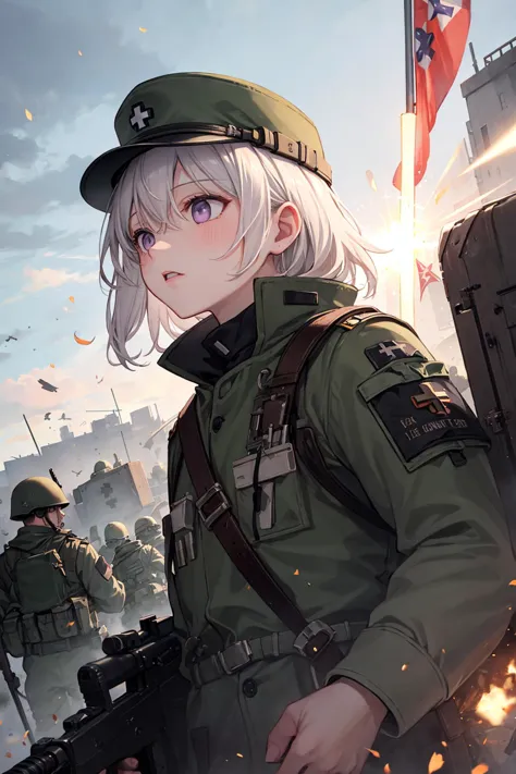 anime girl in uniform with machine gun and other soldiers in background