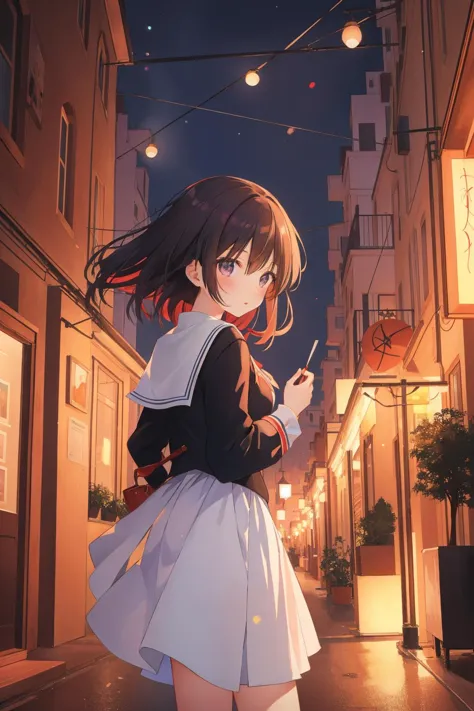 anime girl in a short skirt standing in a narrow alley