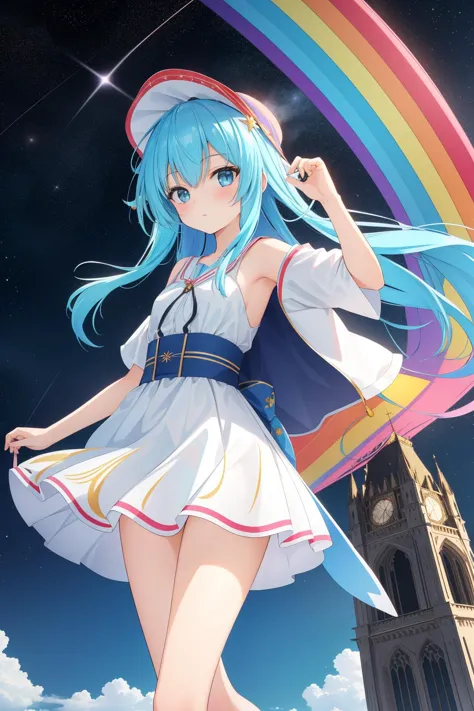 a woman in a dress and hat standing in front of a rainbow