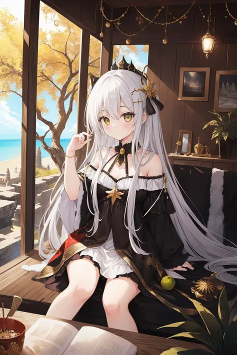 anime girl sitting on a bench with a book and a cup of coffee