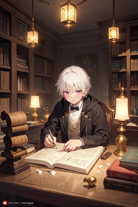 anime character sitting at a desk with a book and lamp