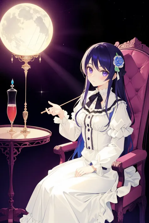 anime girl sitting in a chair with a glass of wine