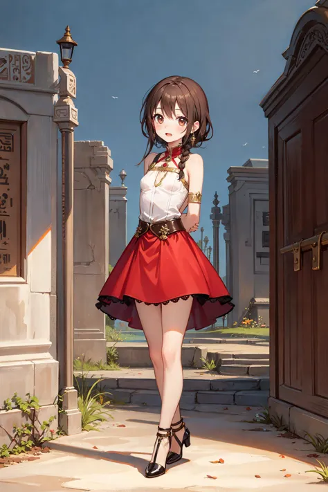 best quality, amazing intricate, solo, twin braid, 
dark brown eyes, round eyes, open mouth, (small breast:1.4), dark brown hair, 
fantasy cute dress, red skirt, 
full body, (standing, arms behind back:1.4), in ancient egypt