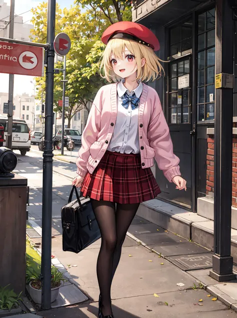 anime girl in a red hat and a pink jacket walking down a street