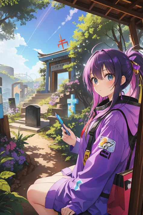 anime girl sitting on a bench looking at her phone