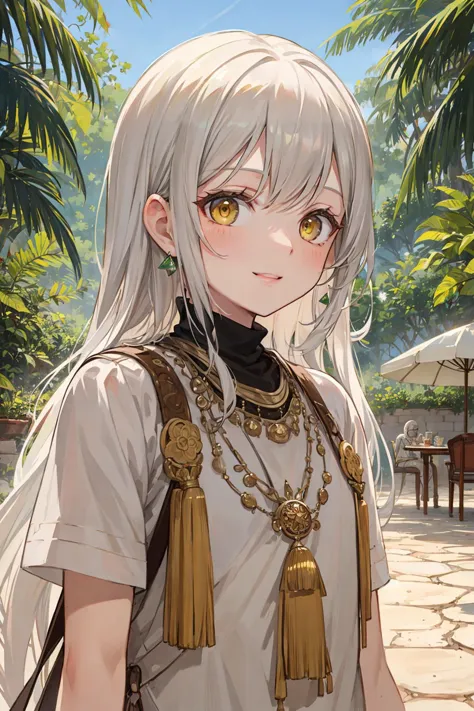 anime girl with long white hair and a brown bag