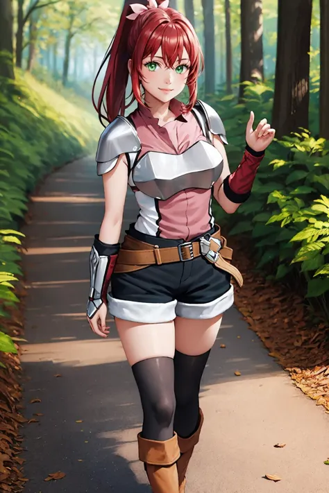 a woman in a short skirt and boots walking down a path