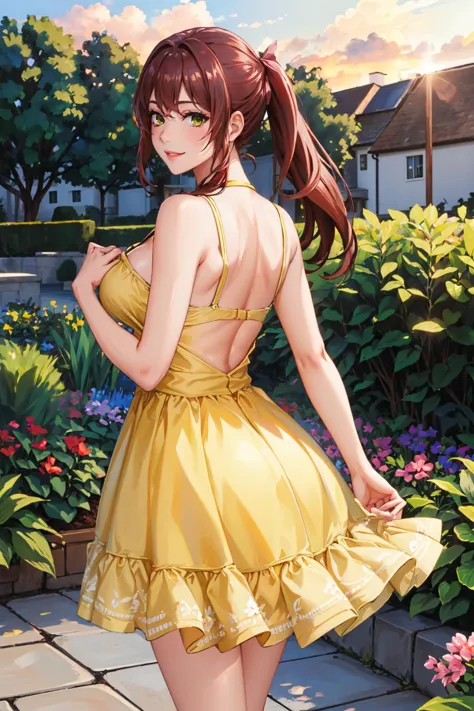 masterpiece, best quality, <lora:dmalise-nvwls-v1-000009:0.9> alise, long ponytail, yellow sundress, large breasts, from behind,...