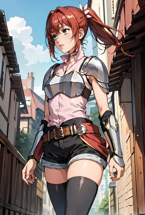 (masterpiece, best quality), 1girl,  <lora:dmalise-nvwls-v1:0.8> alise, ponytail, armor, shoulder armor, sleeveless shirt, black shorts, belt, clothes around waist, black thighhighs, gauntlets