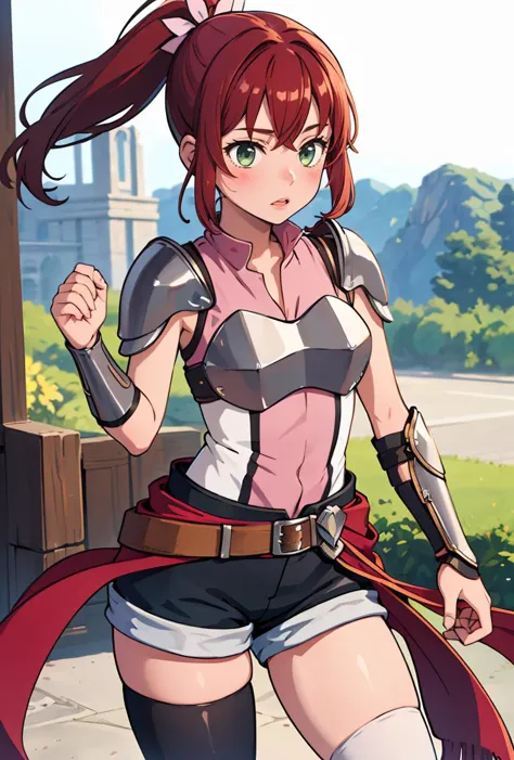 (masterpiece, best quality), 1girl,  <lora:dmalise-nvwls-v1:0.8> alise, ponytail, armor, shoulder armor, sleeveless shirt, black shorts, belt, clothes around waist, black thighhighs, gauntlets