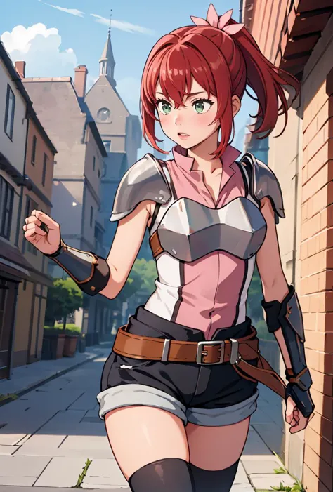 anime girl in a short skirt and a pink shirt walking down a street