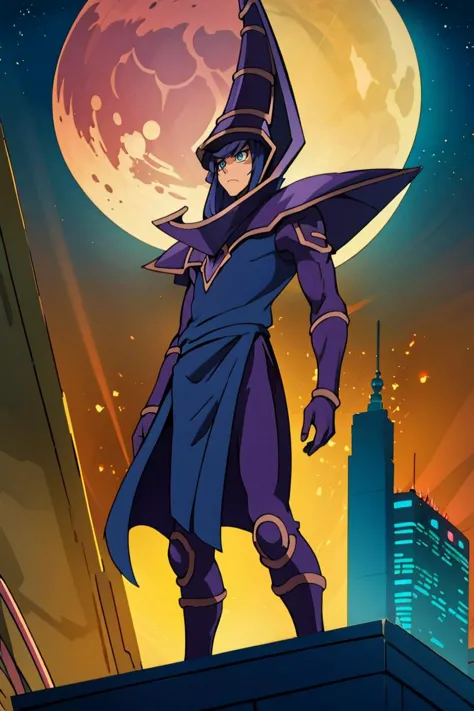 <lora:Alola_Style:0.65>, ((masterpiece,best quality)), absurdres, <lora:ygo_dark_magician:0.8> ygodm, 1man, armor, robe, helmet, purple hair, blue eyes, standing, rooftop, skyscraper, from below, silhouette, against the light, night, bloodmoon, from a distance