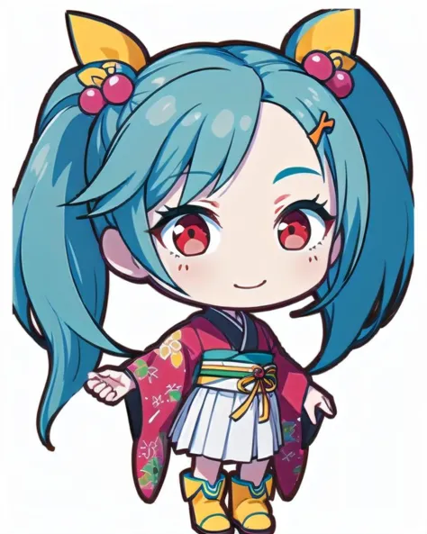 a cartoon character of a girl with blue hair and a kimono