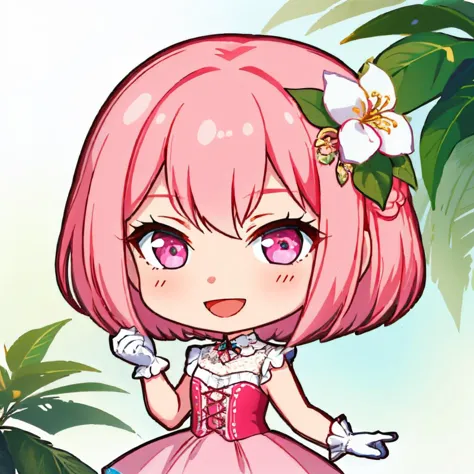 a close up of a cartoon girl with pink hair and a pink dress