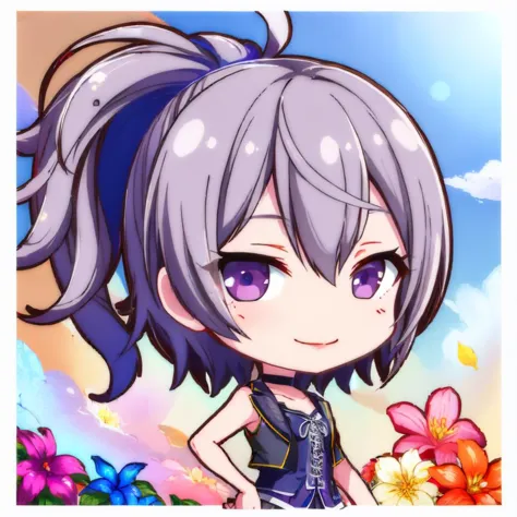 (masterpiece, best quality:1.2), chibi, solo, 1girl, flower \(v3\), smile, looking at viewer, long hair, sleeveless shirt, choke...