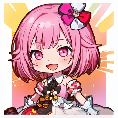 anime girl with pink hair and pink eyes holding a cake