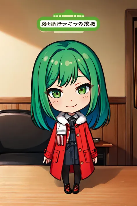 a cartoon girl with green hair and green eyes standing in a room