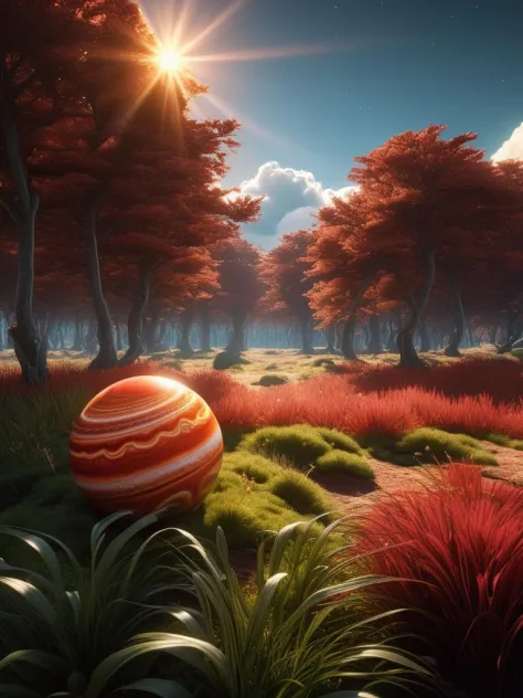 art by Carel Willink, 3d blender render, Renderman, key visual, Bewitching Jupiter's Great Red Spot, grass and vegetation, Sunny...
