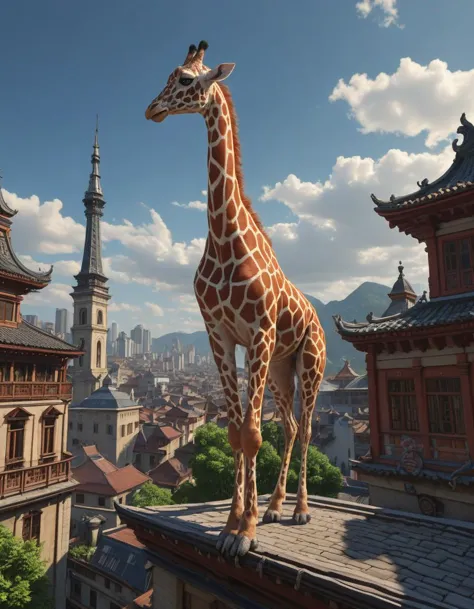 a cat standing on the rooftop, the cat looks like giraffe, giraffe head and giraffe tail, fantasy, intricate, epic lighting, cinematic composition, hyper realistic, 8 k resolution, unreal engine 5, by artgerm, tooth wu, dan mumford, beeple, wlop, rossdraws, james jean, andrei riabovitchev, marc simonetti, artstation, virtual reality martial arts dojo, vr combat training, immersive martial arts simulations, holographic opponents, 