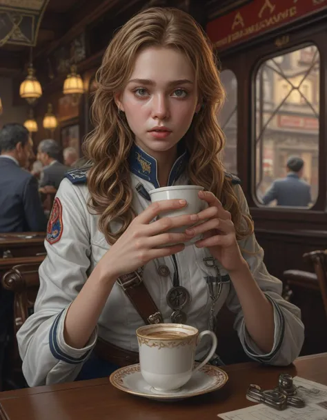 an portrait of an female medic drinking coffee, detailed, centered, digital painting, artstation, concept art, donato giancola, Joseph Christian Leyendecker, WLOP, Boris Vallejo, Breathtaking, 8k resolution, extremely detailed, beautiful, establishing shot, artistic, hyperrealistic, beautiful face, octane render, fallen satellite, twisted metal, electronic glitches, lost connections, 