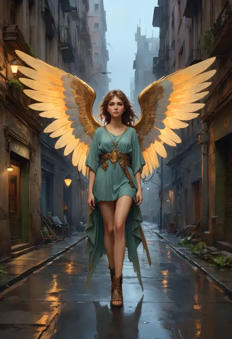 a woman in a green dress walking down a street with an angel wings