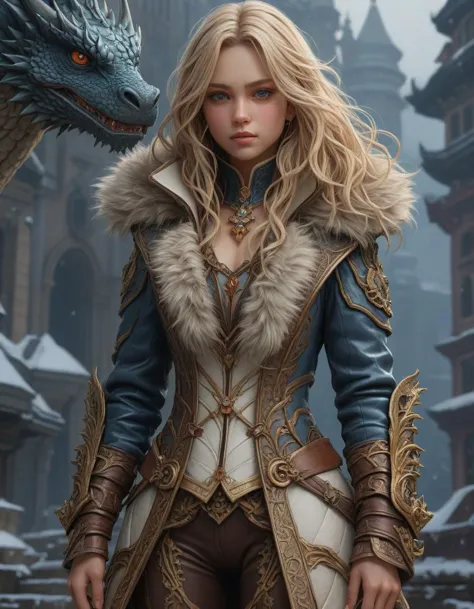 dragon hunter wearing a fur - lined dragonhide jacket!!! beautiful and gorgeous wild white long haired female!! symmetry, charac...