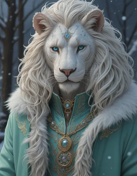 aesthetic portrait commission of an albino male furry anthro lion wearing a cute mint colored, cozy, soft pastel winter outfit. winter atmosphere character design by charlie bowater, ross tran, artgerm, and makoto shinkai. art from furaffinity, weasyl, deviant art, and tumblr., nano-bioengineering lab, merging biology and nanotechnology, regenerative medicine, futuristic healthcare, 